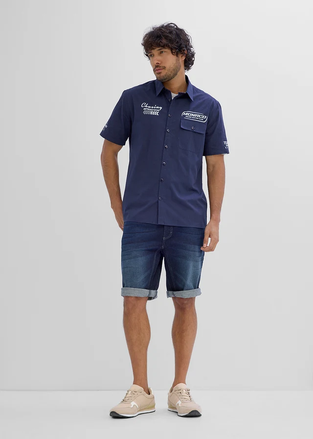Overhemd met korte mouwen van biologisch katoen, Kleur: donkerblauw met print