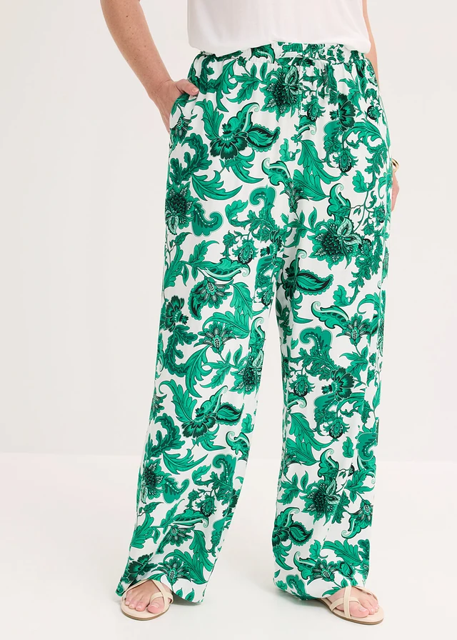 Marlene Dietrich broek van soepele viscose, Kleur: edelsteengroen-wolwit gebloemd