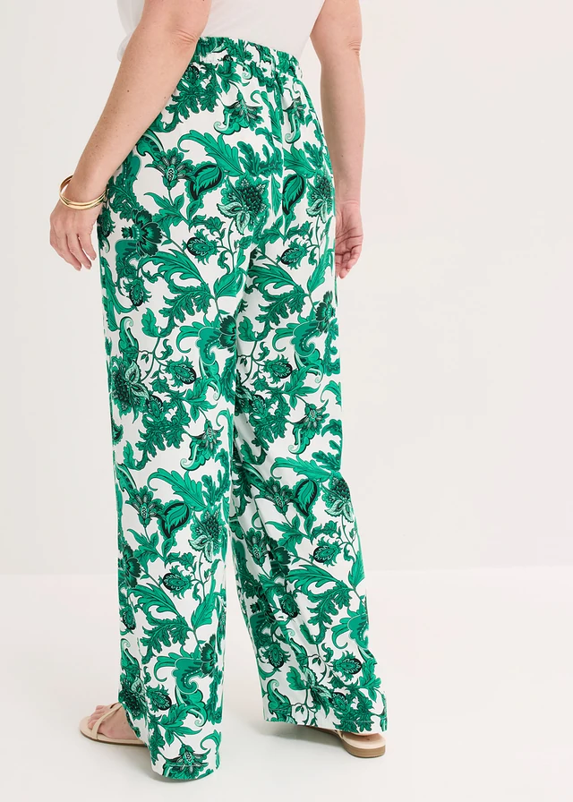 Pantalon large à pinces en viscose fluide, Couleur: vert aventurine-écru floral