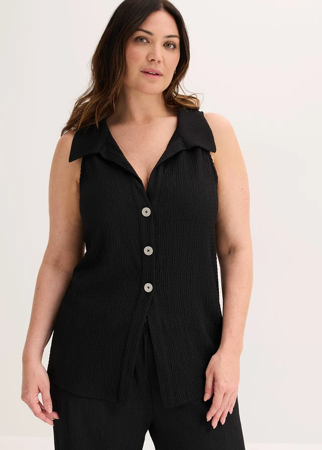 Top en crêpe texturé, Couleur: noir