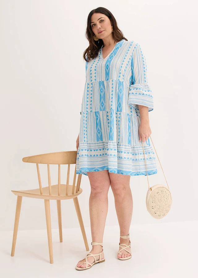 Tuniekjurk van een katoenmix, Kleur: wolwit-mediterraan blauw