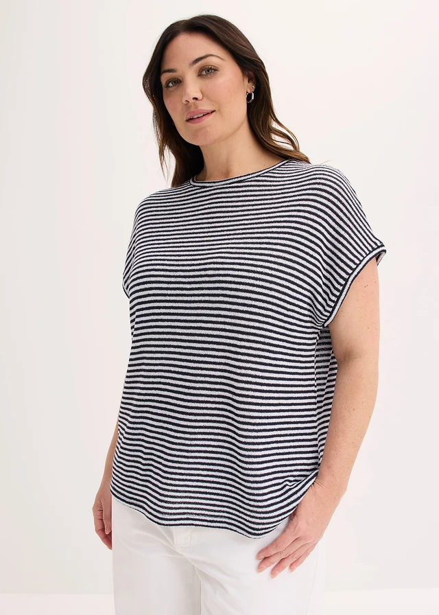 Shirt in een viscosemix, Kleur: wolwit-donkerblauw gestreept