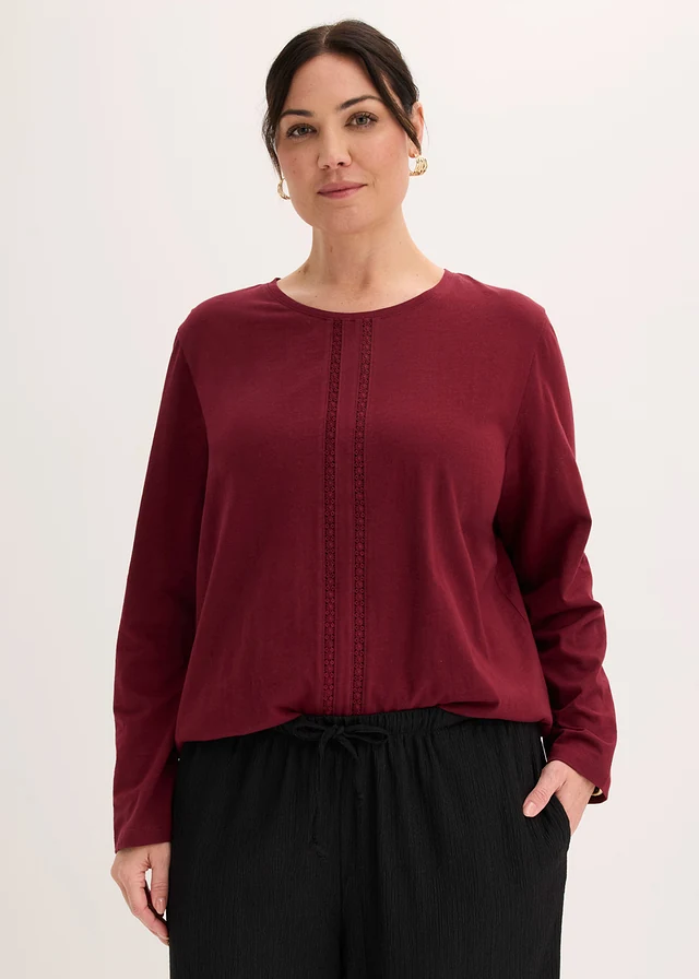 Kanten shirt van puur katoen, Kleur: esdoornrood