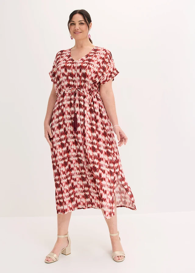 Robe longue en viscose texturée, Couleur: écru-rouge érable imprimé