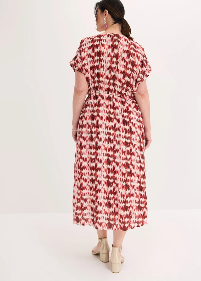 Robe longue en viscose texturée, Couleur: écru-rouge érable imprimé