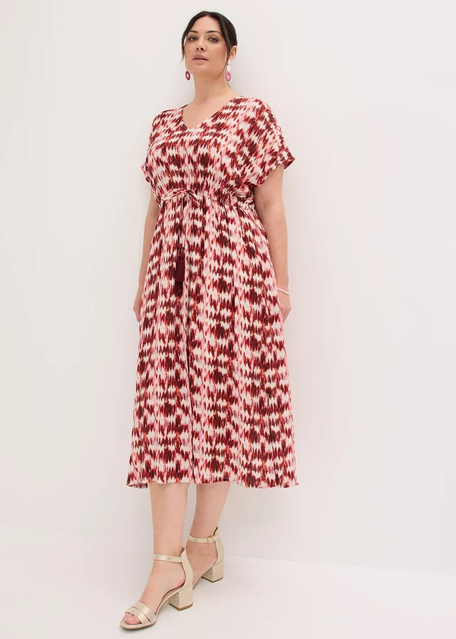 Maxi jurk van gestructureerde viscose, Kleur: wolwit-esdoornrood met print