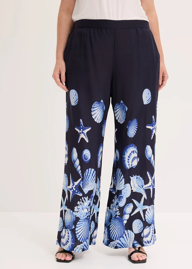 Pantalon palazzo en viscose fluide, Couleur: bleu foncé imprimé
