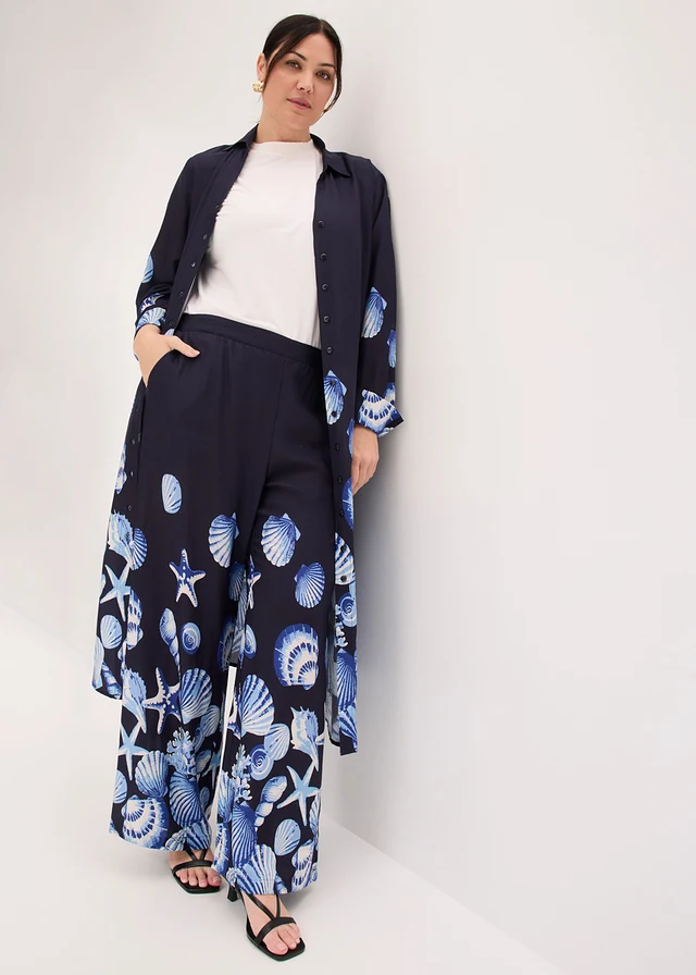 Pantalon palazzo en viscose fluide, Couleur: bleu foncé imprimé