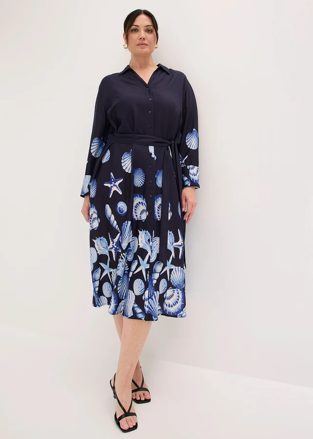 Robe chemise en viscose fluide, Couleur: bleu foncé imprimé