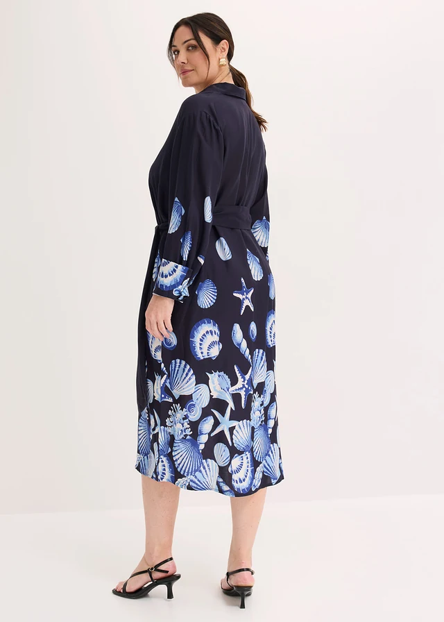 Robe chemise en viscose fluide, Couleur: bleu foncé imprimé