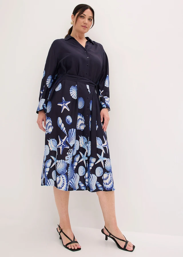 Robe chemise en viscose fluide, Couleur: bleu foncé imprimé