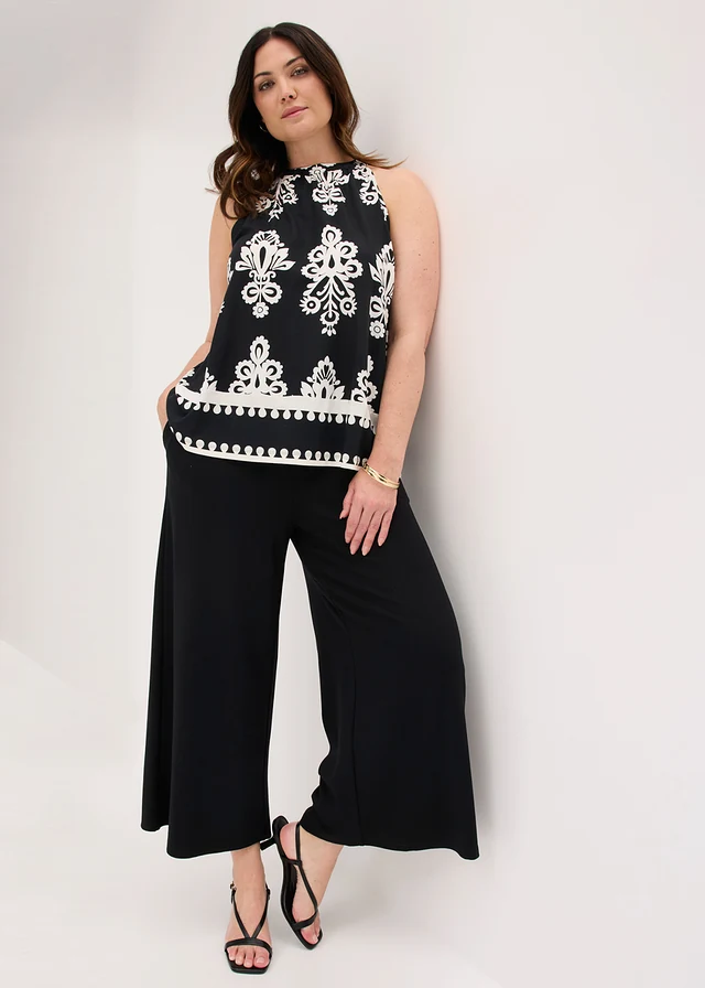 Top z měkké viskózové směsi, barva: černo-přírodní bílá s potiskem