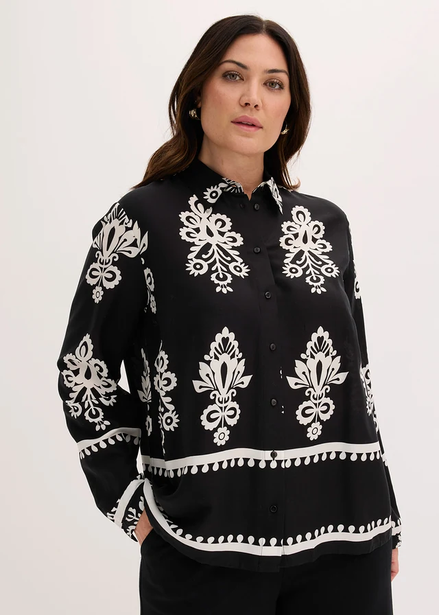 Chemisier en viscose fluide, Couleur: noir/écru imprimé