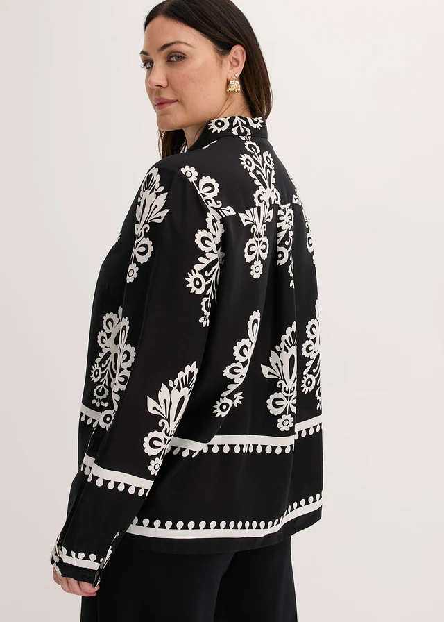 Blouse van soepele viscose, Kleur: zwart-wolwit met print