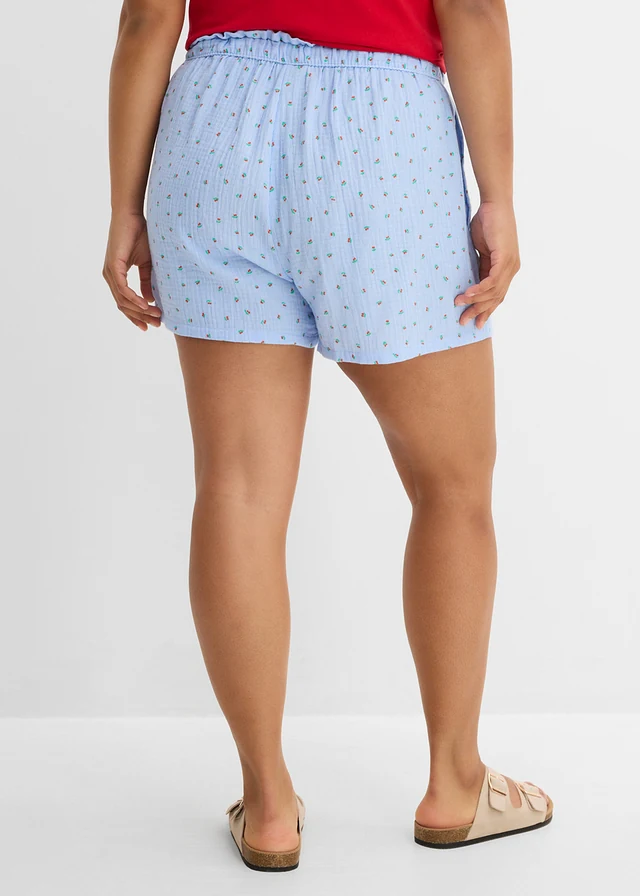 Short en gaze de coton légère, taille élastiquée, Couleur: bleu moyen-rouge imprimé