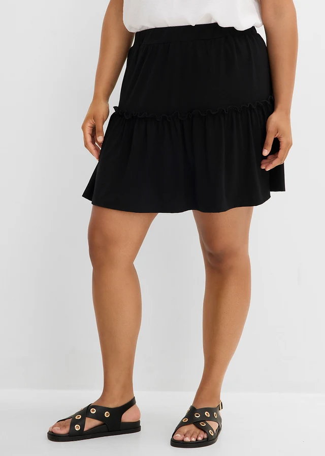 Jersey rok in een viscosemix met volant, Kleur: zwart