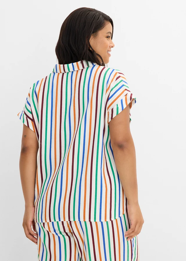 Tuniekblouse, Kleur: wolwit-terracotta-esdoornrood-kobaltblauw-edelsteengroen verticaal gestreept