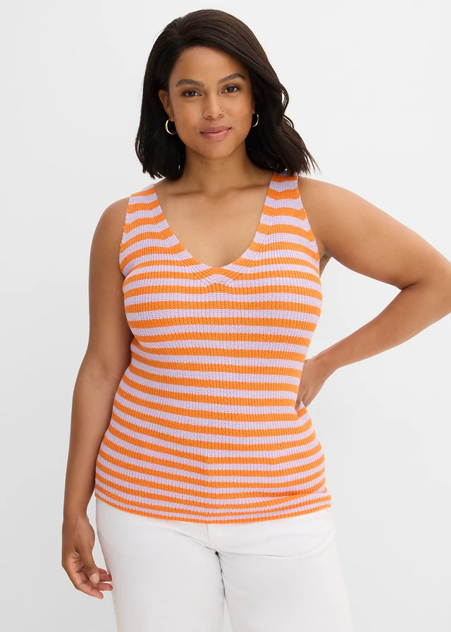 Gebreide top, Kleur: zacht lila/feloranje gestreept