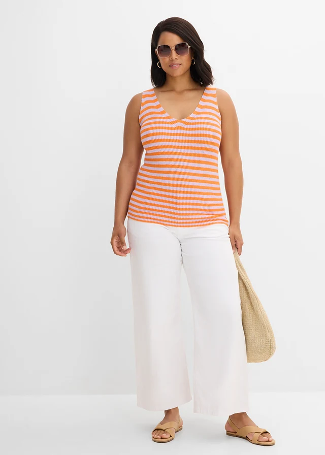 Gebreide top, Kleur: zacht lila/feloranje gestreept