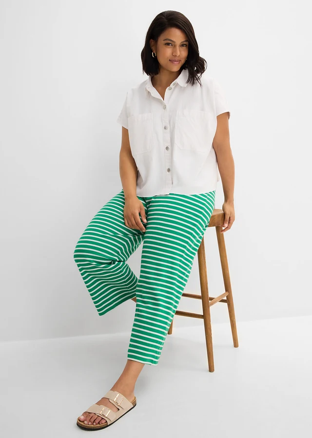 Pantalon sweat en coton texturé, Couleur: vert aventurine-écru rayé