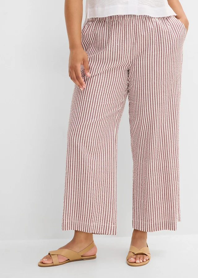 Pantalon palazzo en seersucker, longueur 7/8, Couleur: rouge érable-écru rayé