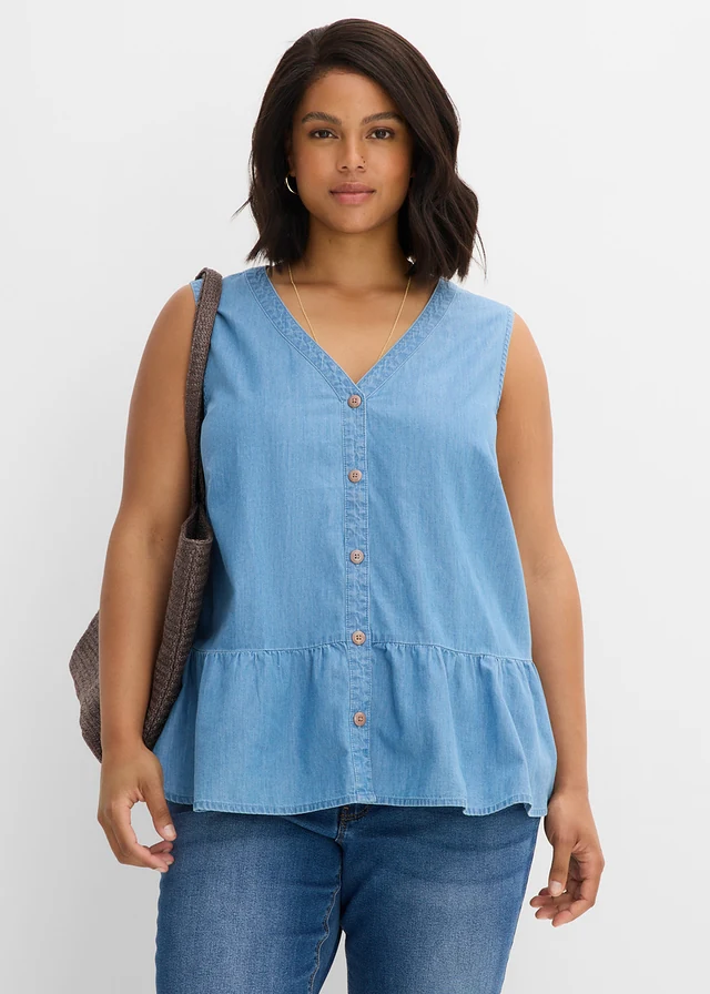 Džínový halenkový top z organické bavlny, barva: světle modrý denim
