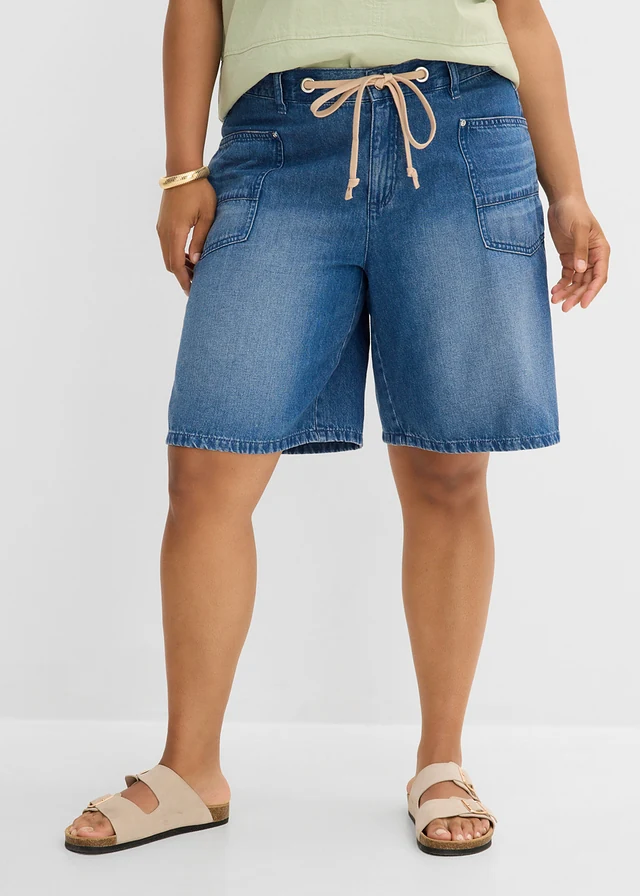 Jeansbermuda mid waist met koordje, Kleur: blauw denim used
