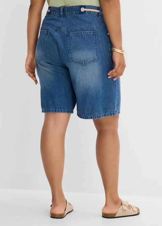 Jeansbermuda mid waist met koordje, Kleur: blauw denim used