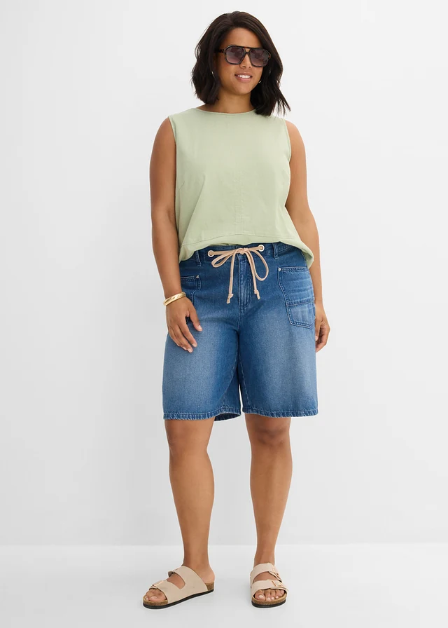 Džínové bermudy Mid Waist, šňůrka, barva: modrý denim used