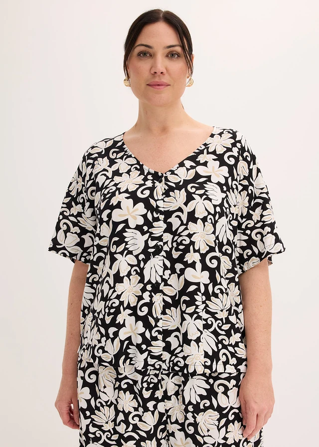 Blouse van soepele viscose, korte mouw, Kleur: zwart-lichtsand gedessineerd