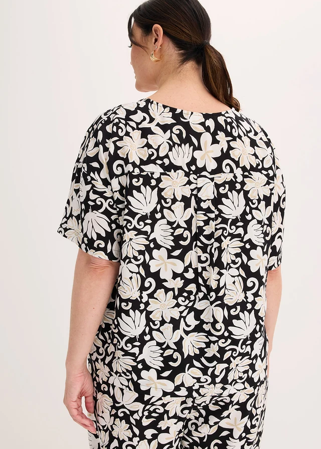 Blouse van soepele viscose, korte mouw, Kleur: zwart-lichtsand gedessineerd