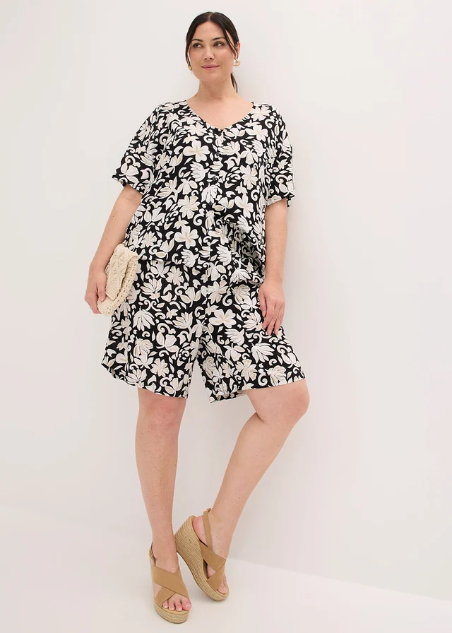 Blouse van soepele viscose, korte mouw, Kleur: zwart-lichtsand gedessineerd