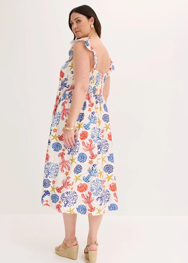 Midi jurk van een fijne viscosemix, Kleur: wolwit-blauw-rood gedessineerd