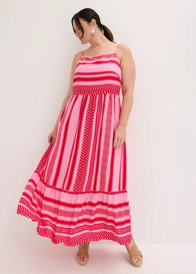 Jurk met spaghettibandjes van soepele viscose, Kleur: pink-rood gedessineerd