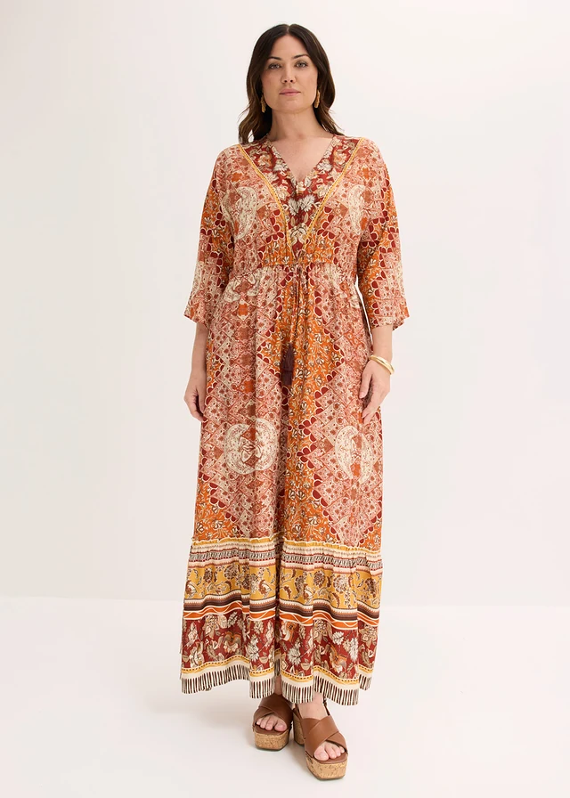 Robe longue en viscose fluide, Couleur: marron imprimé