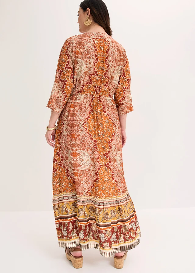 Robe longue en viscose fluide, Couleur: marron imprimé