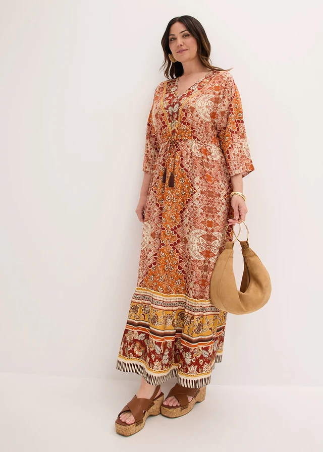 Robe longue en viscose fluide, Couleur: marron imprimé