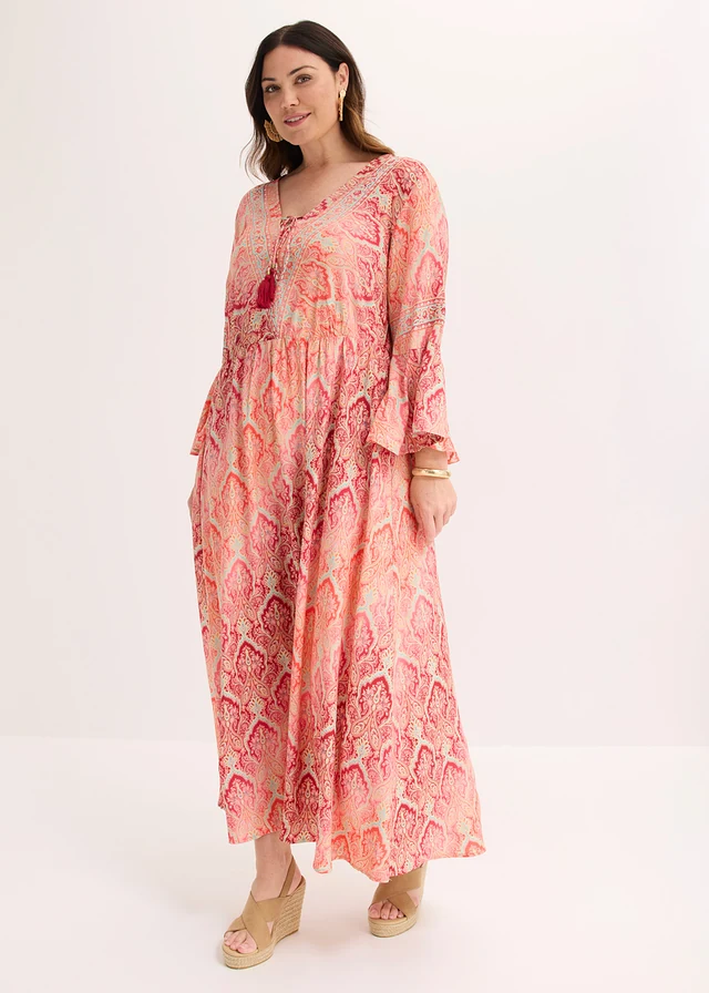 Maxi jurk van soepele viscose, Kleur: bordeaux-koraal gedessineerd