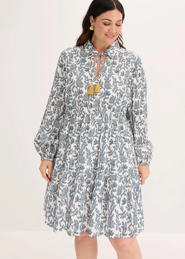 Robe en viscose texturée avec fil brillant, Couleur: blanc/bleu imprimé