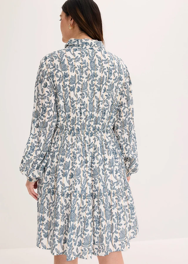 Jurk van gestructureerde viscose met glittereffect, Kleur: wit-blauw gedessineerd