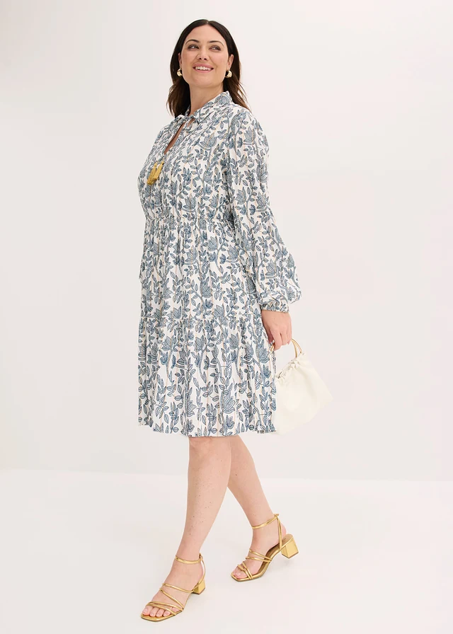 Jurk van gestructureerde viscose met glittereffect, Kleur: wit-blauw gedessineerd