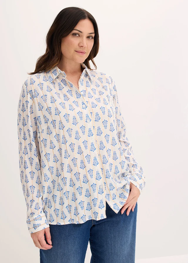 Blouse van gestructureerde viscose met glittereffect, Kleur: wit-blauw gedessineerd