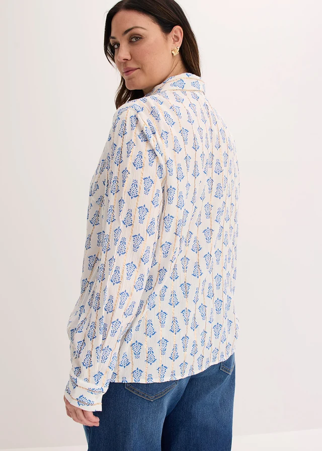 Blouse van gestructureerde viscose met glittereffect, Kleur: wit-blauw gedessineerd