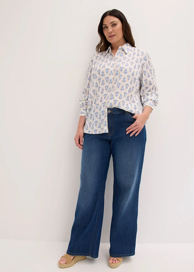 Blouse van gestructureerde viscose met glittereffect, Kleur: wit-blauw gedessineerd