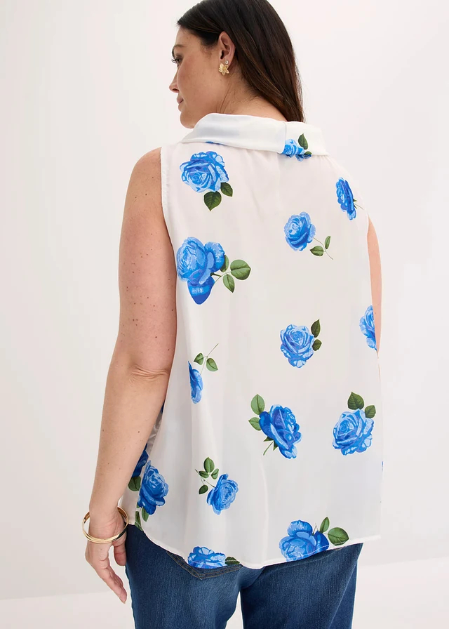 Blouse van soepel satijn, Kleur: wolwit-blauw gebloemd