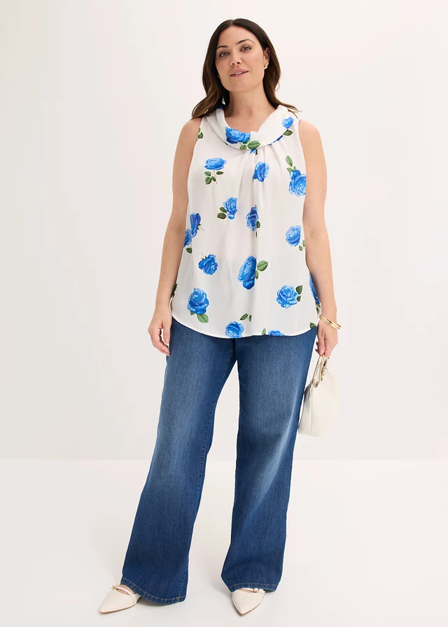 Blouse van soepel satijn, Kleur: wolwit-blauw gebloemd