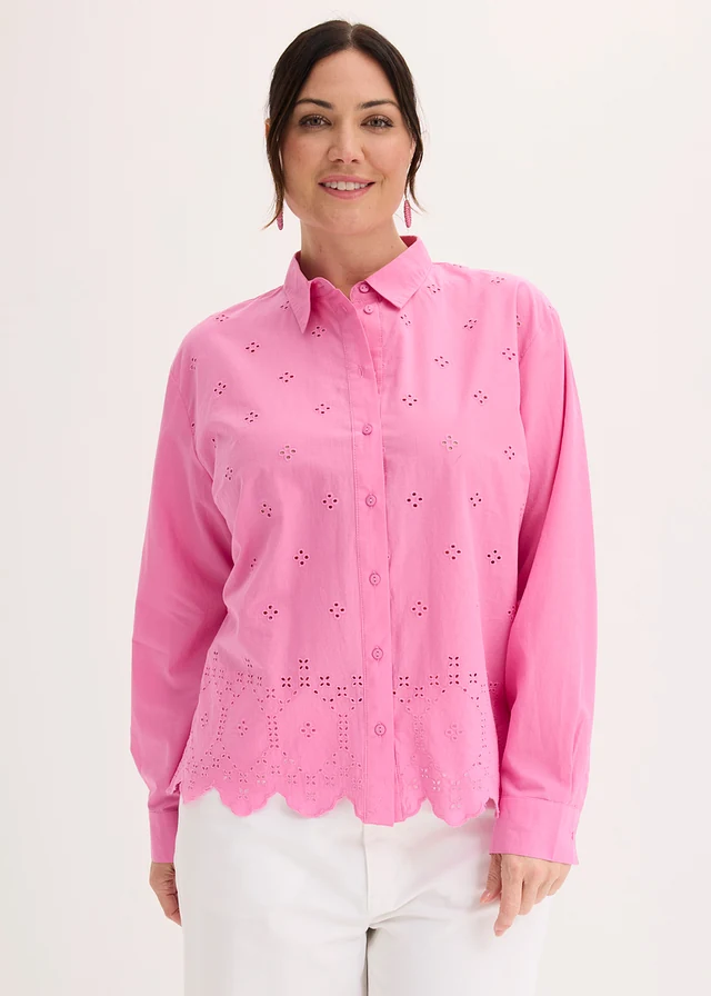 Chemisier en broderie anglaise, 100% coton, Couleur: rose vif