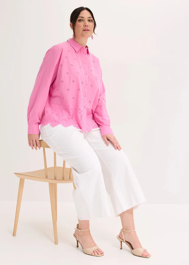 Chemisier en broderie anglaise, 100% coton, Couleur: rose vif