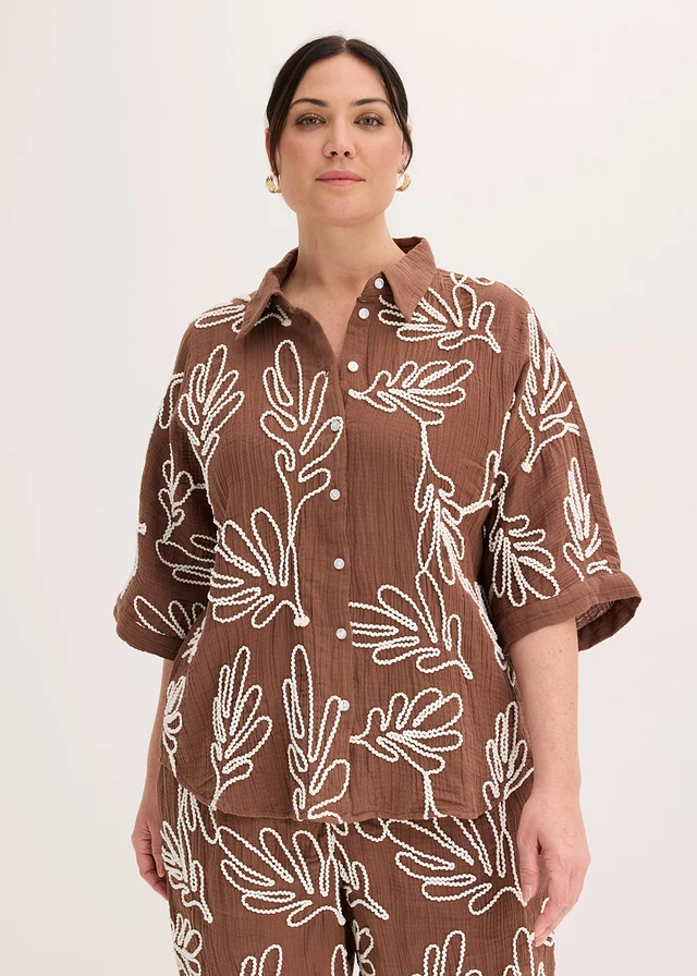 Blouse van puur katoen met borduursel, Kleur: bruin-wit gebloemd