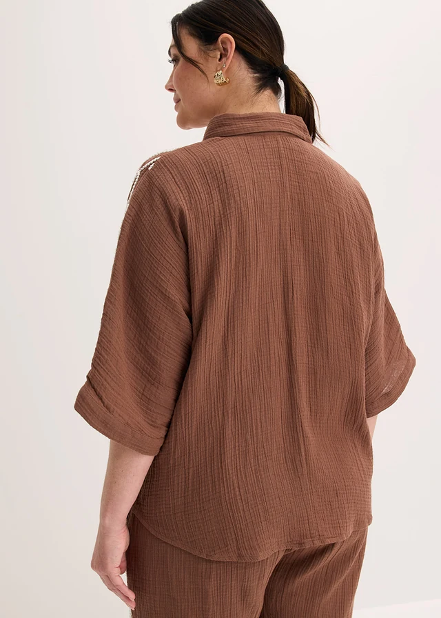 Blouse van puur katoen met borduursel, Kleur: bruin-wit gebloemd